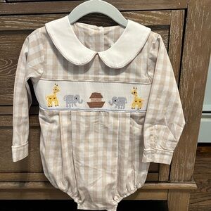 Stitchy Fish Gingham Smocked Bubble with Noah’s Ark Embroidery